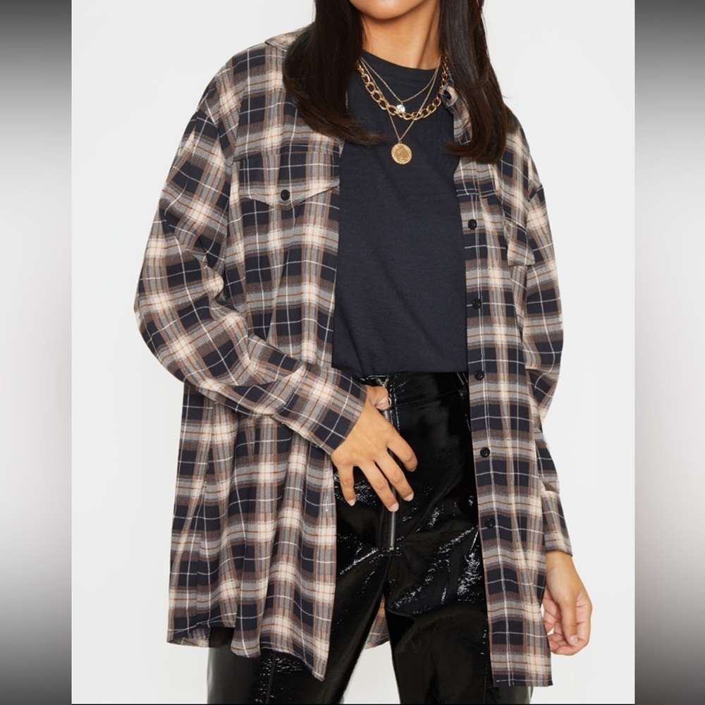 Pretty Little Thing chocolate oversized checkered shirt